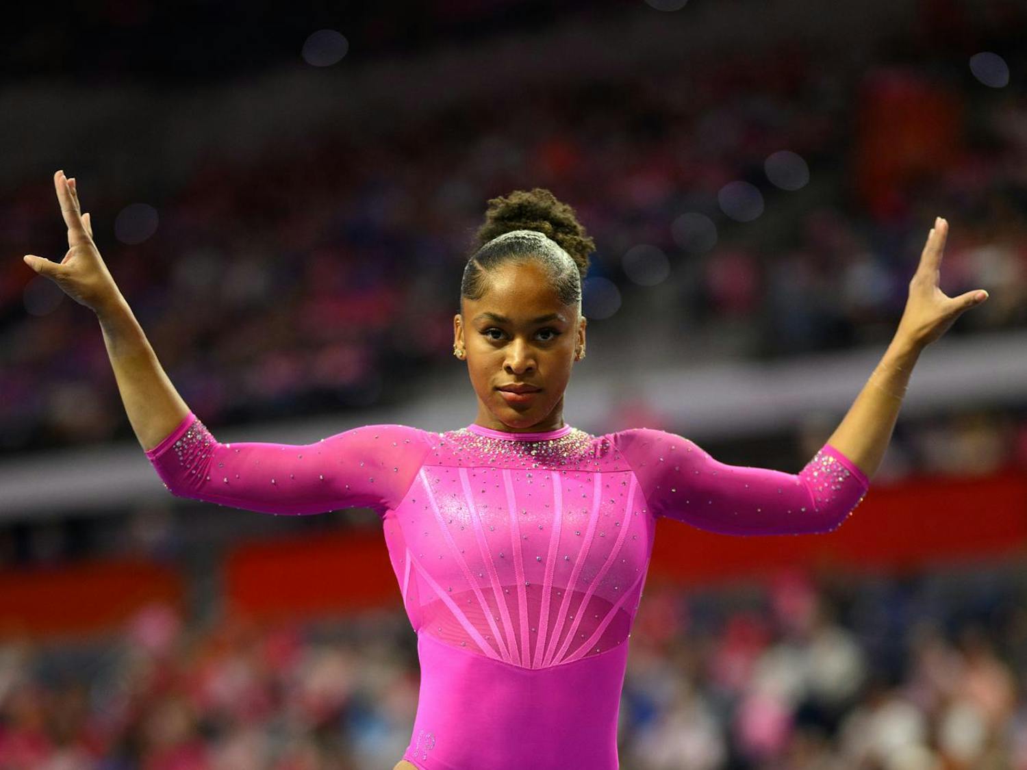 Florida gymnast Skye Blakely performs on the floor during an NCAA gymnastics meet against Oklahoma, Friday, Feb. 13, 2026, in Gainesville, Fla.