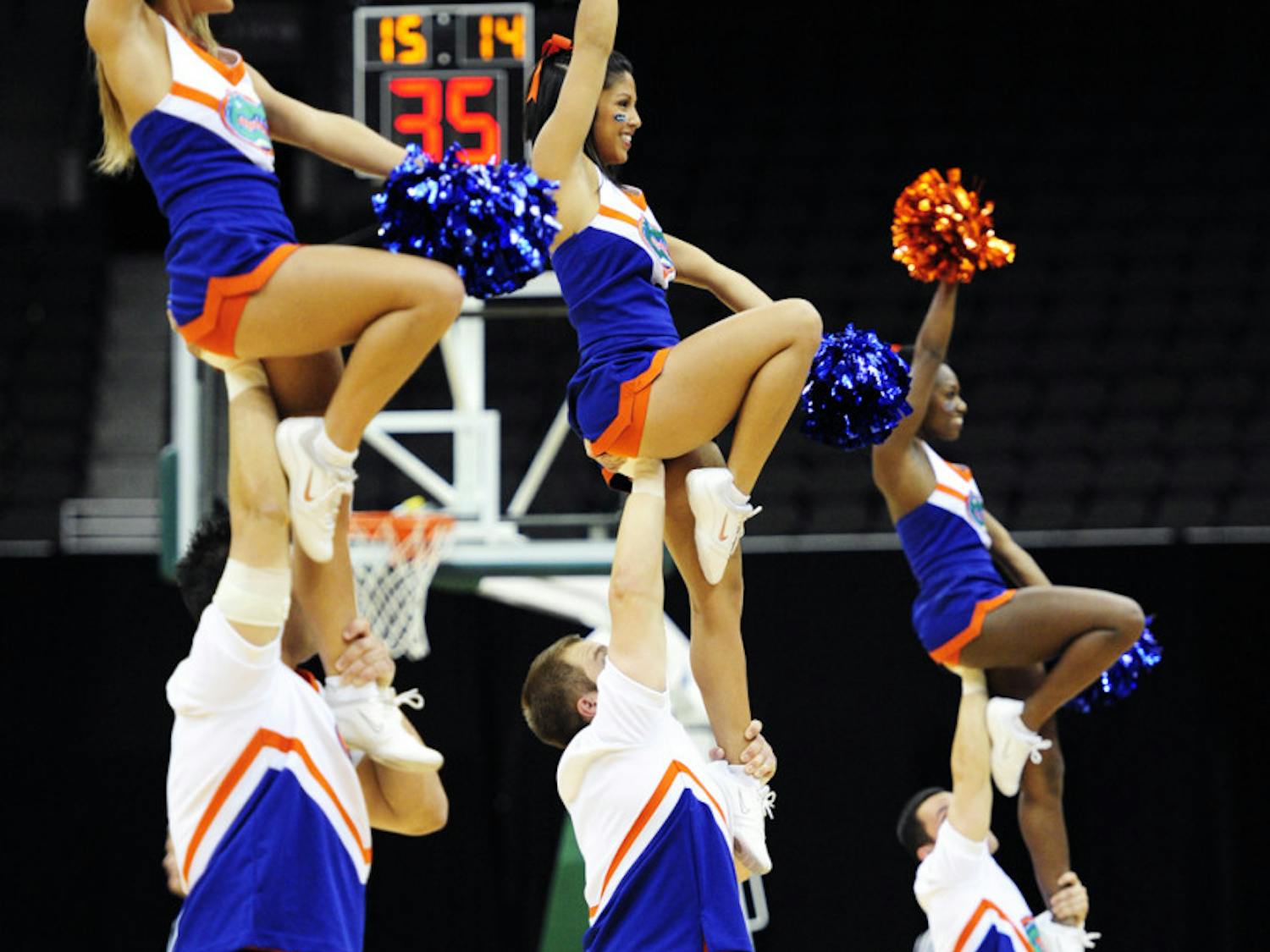 Florida Cheerleaders perform during the Gators’ basketball game against Rider University at the Jacksonville Veterans Memorial Arena in 2011.