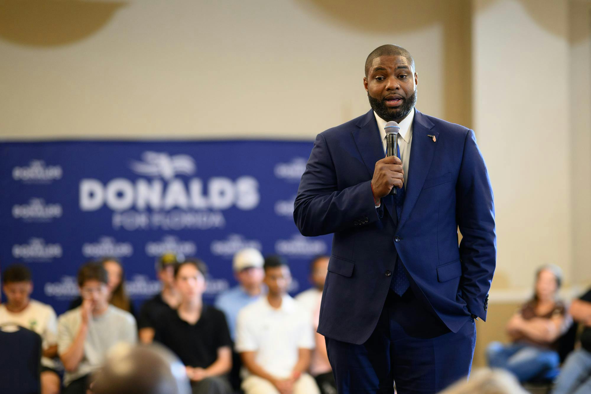 Representative and gubernatorial candidate Byron Donalds speaks during a town hall as a part of his Defending the Florida Dream Tour, Wednesday, Sept. 30, 2026, in Gainesville, Fla.