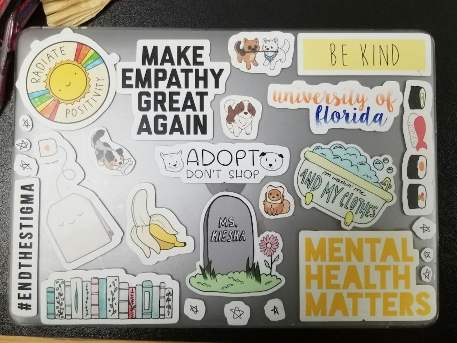 Shelby Luckey is a 20-year-old UF psychology junior, and she loves expressing herself by decorating her laptop. Luckey has stickers like “End the Stigma” and “Mental Health Matters” because, as someone who wants to be a therapist, she understands the importance of mental health. Luckey also volunteers at the Alachua Humane Society and believes in adopting animals, which is why one of her stickers says “Adopt Don’t Shop.”
&nbsp;
