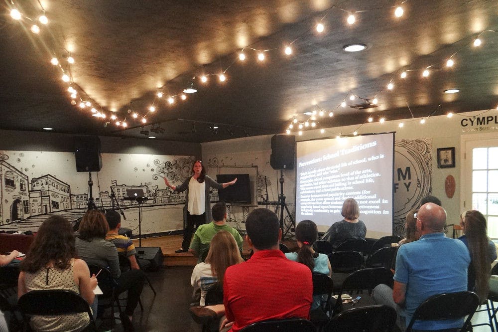 <p class="p1">Leading LGBT researcher Elizabethe Payne speaks to a room of UF students and educators at a lecture held at Cymplify Central at 5402 NW Eighth Ave. for Gainesville Pride Days.</p>