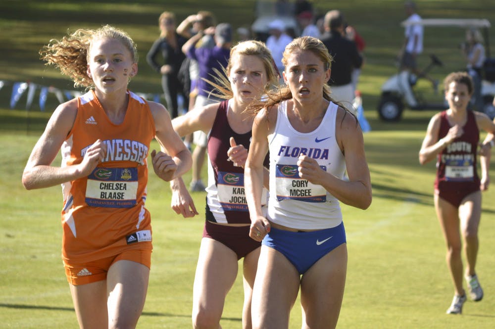 Redshirt junior Cory McGee races during the SEC Championships at the Mark Bostick Golf Course on Saturday.