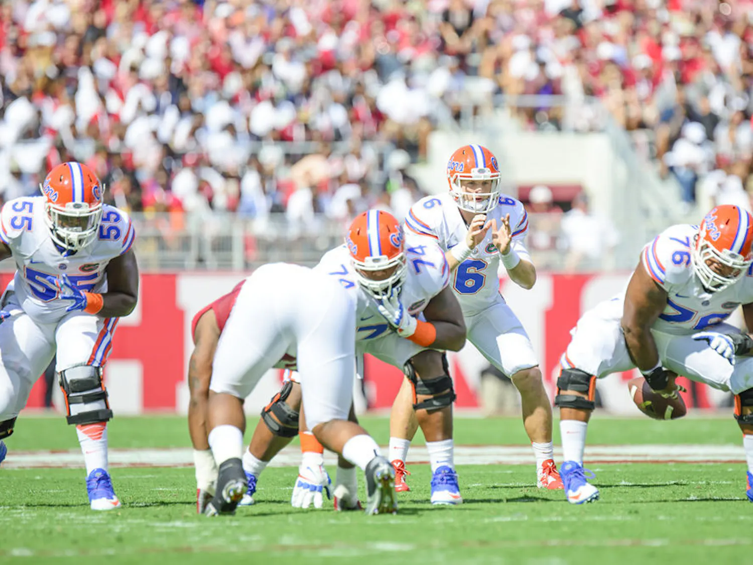 Max Garcia (76) snaps the ball to Jeff Driskel during Florida's 42-21 loss to Alabama on Sept. 20 at Bryant-Denny Stadium.
