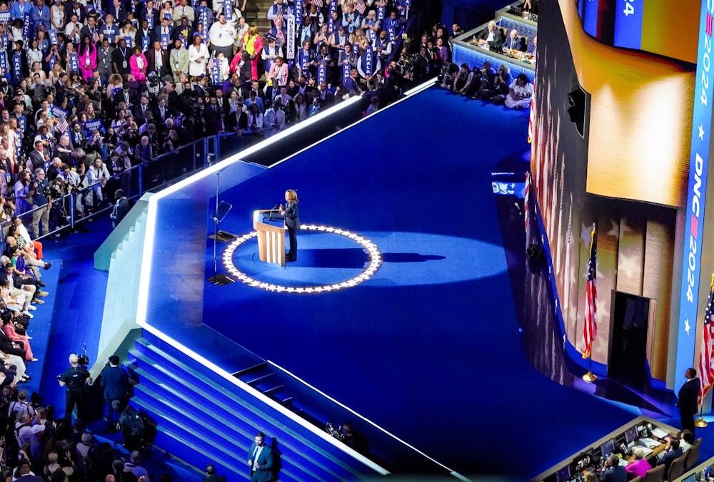 <p>Kamala Harris speaks at the Democratic National Convention on Aug. 22, 2024 in Chicago, Illinois</p>