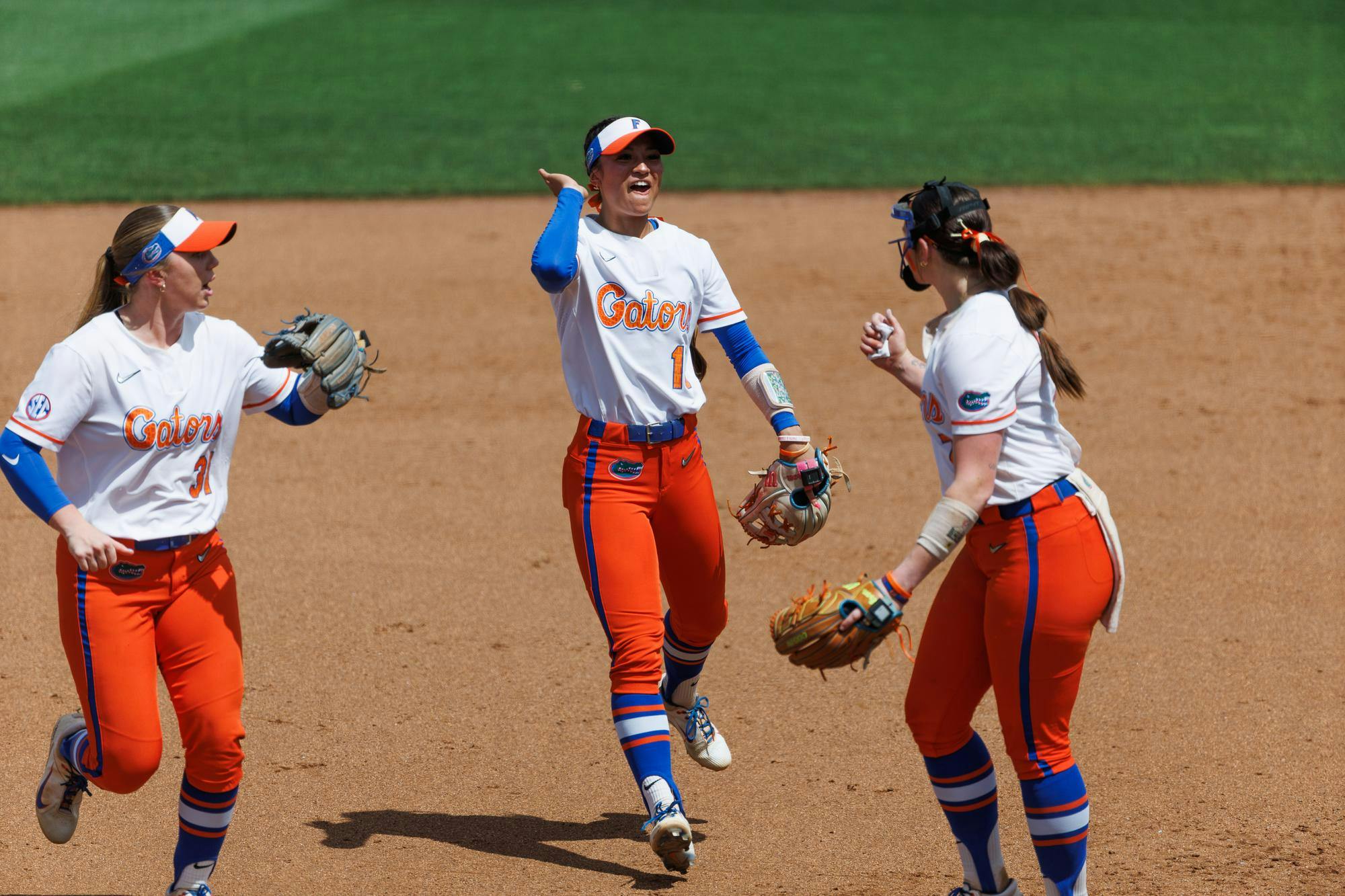 Florida Gators infielder Gabi Comia celbrates during an NCAA softball game against Mississippi State, Sunday, April 5, 2026, in Gainesville, Fla.