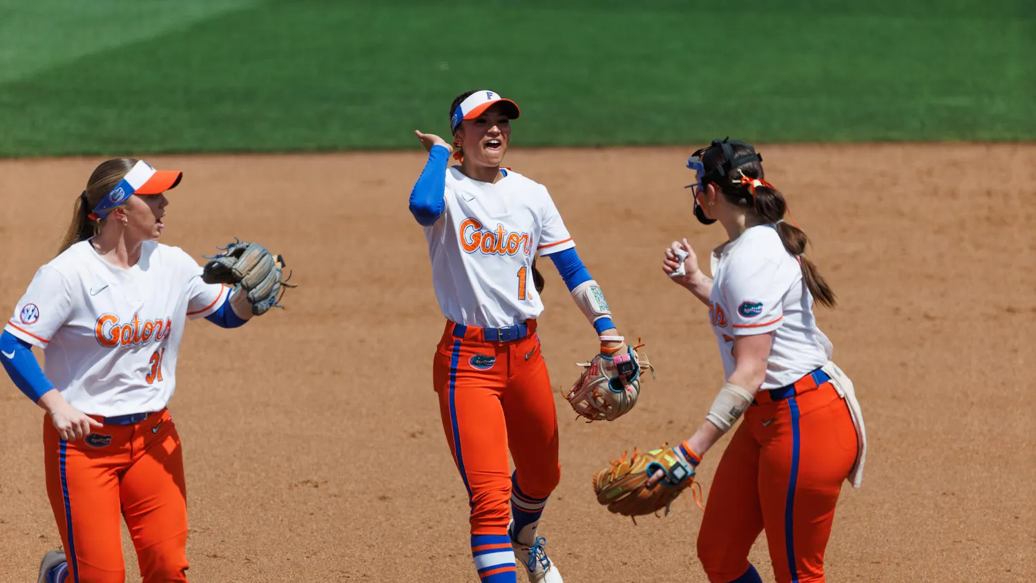 Florida Gators infielder Gabi Comia celbrates during an NCAA softball game against Mississippi State, Sunday, April 5, 2026, in Gainesville, Fla.