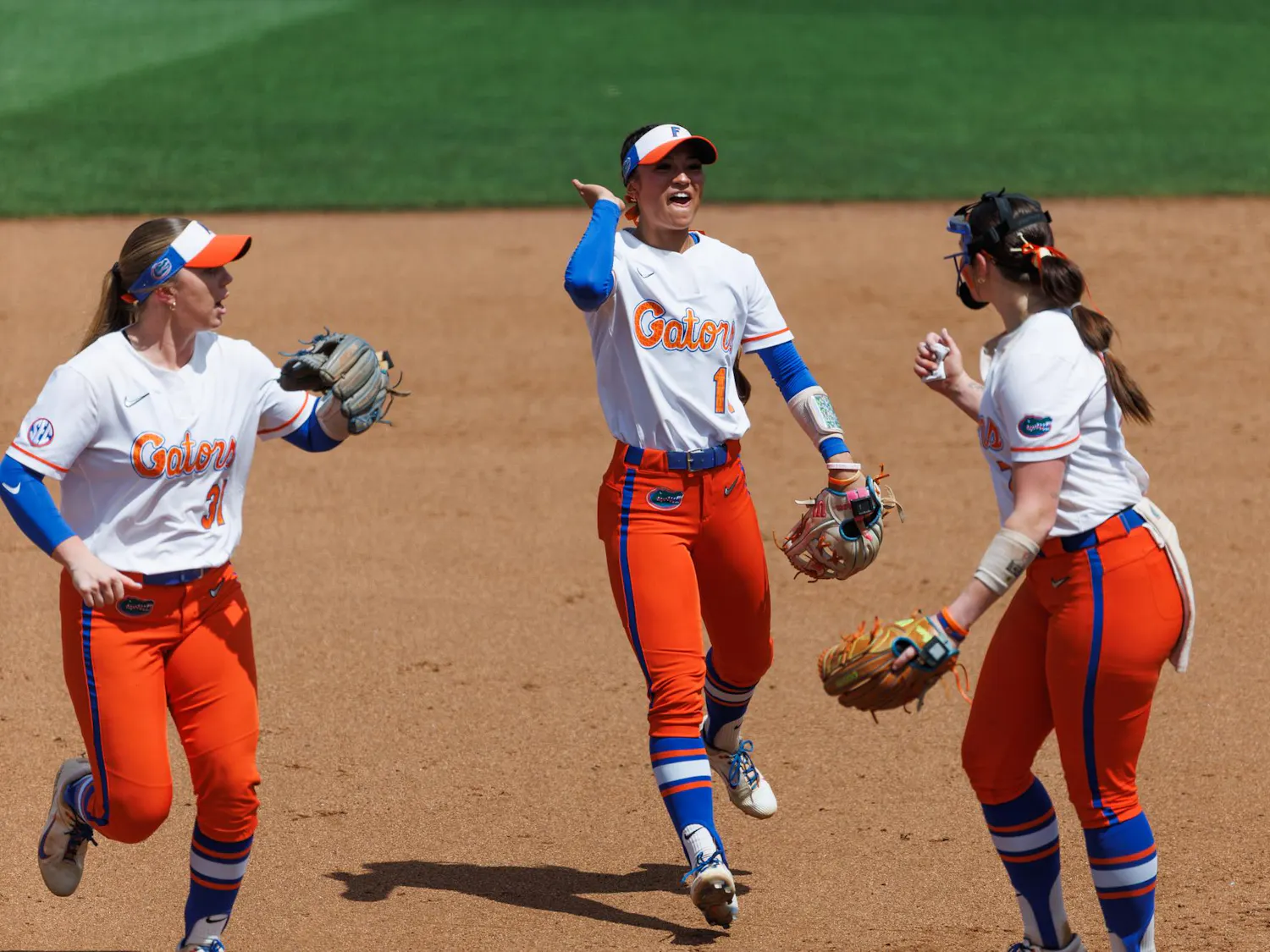 Florida Gators infielder Gabi Comia celbrates during an NCAA softball game against Mississippi State, Sunday, April 5, 2026, in Gainesville, Fla.