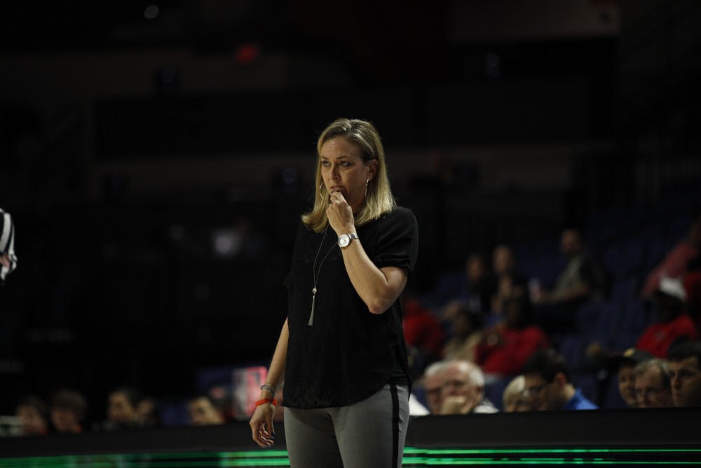 Former UF women's basketball coach Amanda Butler looks on during Florida's loss to Ole Miss on Feb. 6 in the O'Connell Center. Butler was fired on Monday. 