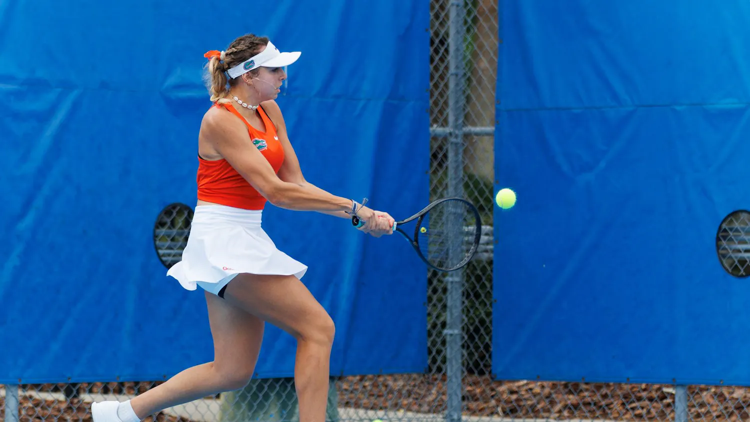 Florida's Lucie Pawlak returns during an NCAA tennis match against Mississippi State’s Mia Robinson, Saturday, March 28, 2026, in Gainesville, Fla.