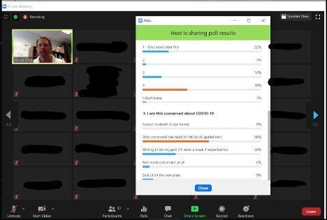 A screenshot of a zoom class with a UF Professor polling students about COVID-19