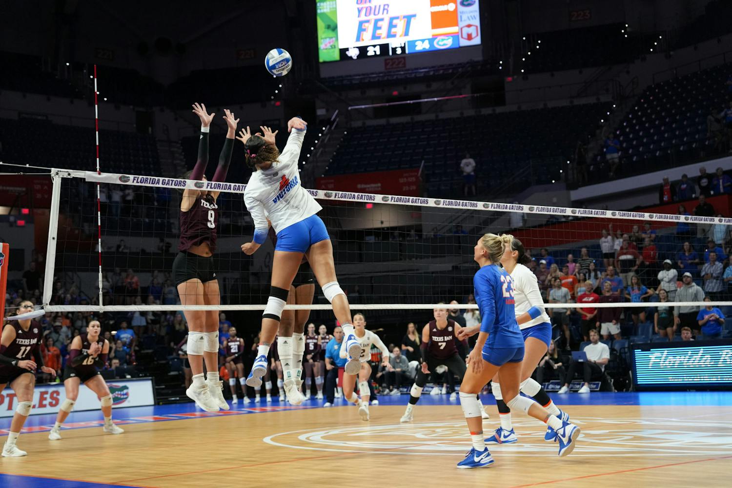 Senior outside hitter Sofia Victoria spikes the ball in the Gators' 3-2 loss against the Texas A&M Aggies on Wednesday, Sept. 27, 2023.