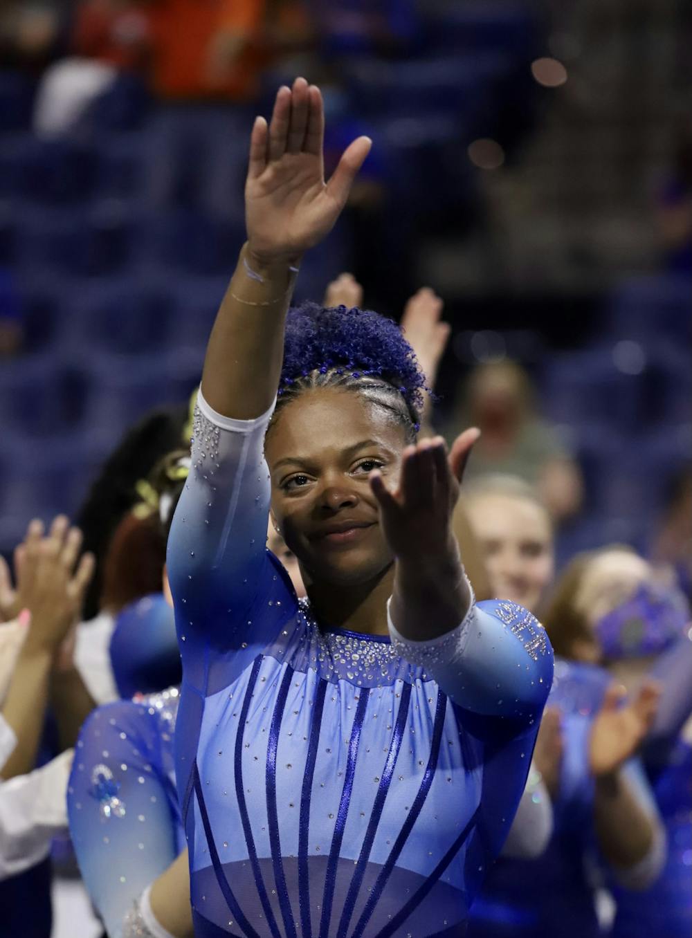 <p>Senior Trinity Thomas gives a Gator Chomp during a routine on Feb. 26 against the Oklahoma Sooners. Thomas and the No. 2 Gators dominated Saturday night to earn an NCAA Championship berth.</p>