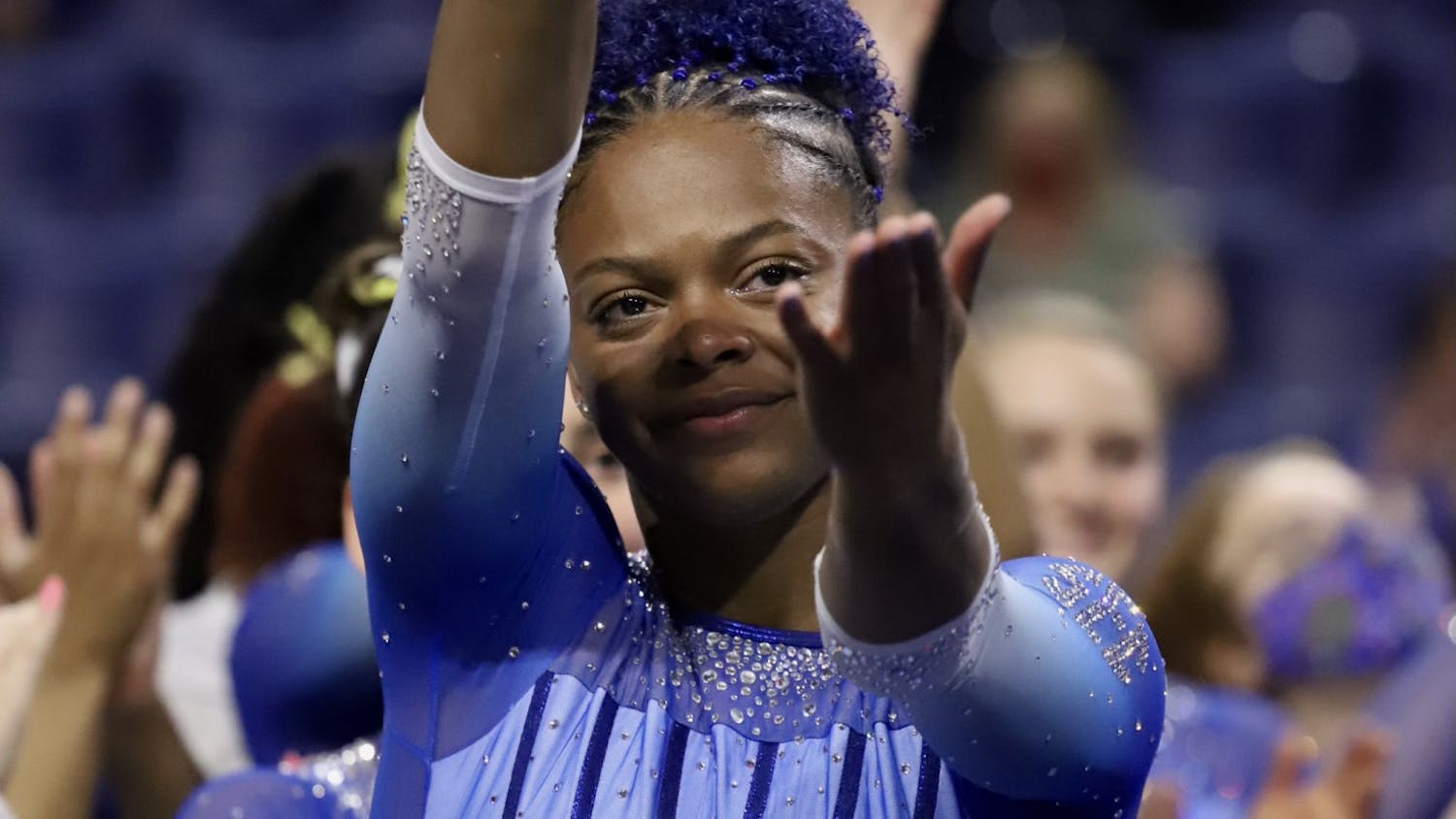 Senior Trinity Thomas gives a Gator Chomp during a routine on Feb. 26 against the Oklahoma Sooners. Thomas and the No. 2 Gators dominated Saturday night to earn an NCAA Championship berth.