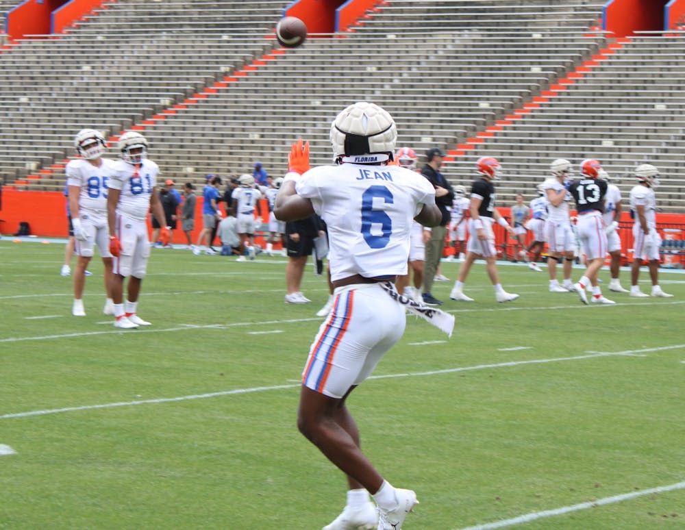Freshman wide receiver Andy Jean completes a drill during the Gators' Spring scrimmage March 28, 2023. 