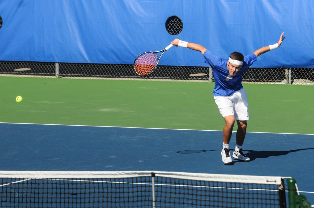 <p>McClain Kessler returns a ball during Florida's 6-1 win over Troy on Jan. 17, 2016, at the Ring Tennis Complex.</p>