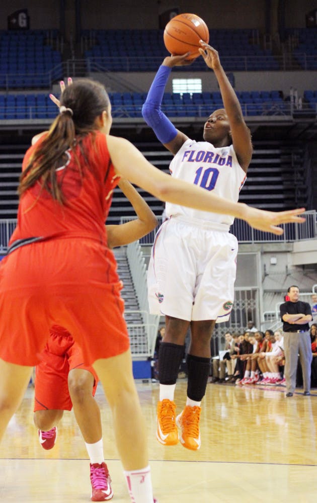Junior point guard Jaterra Bonds (10) shoots during Florida’s 62-57 loss to Georgia on Feb. 17 in the O’Connell Center. Bonds scored 17 points in Florida's 64-59 victory against Arkansas in the SEC Tournament on Thursday. 
