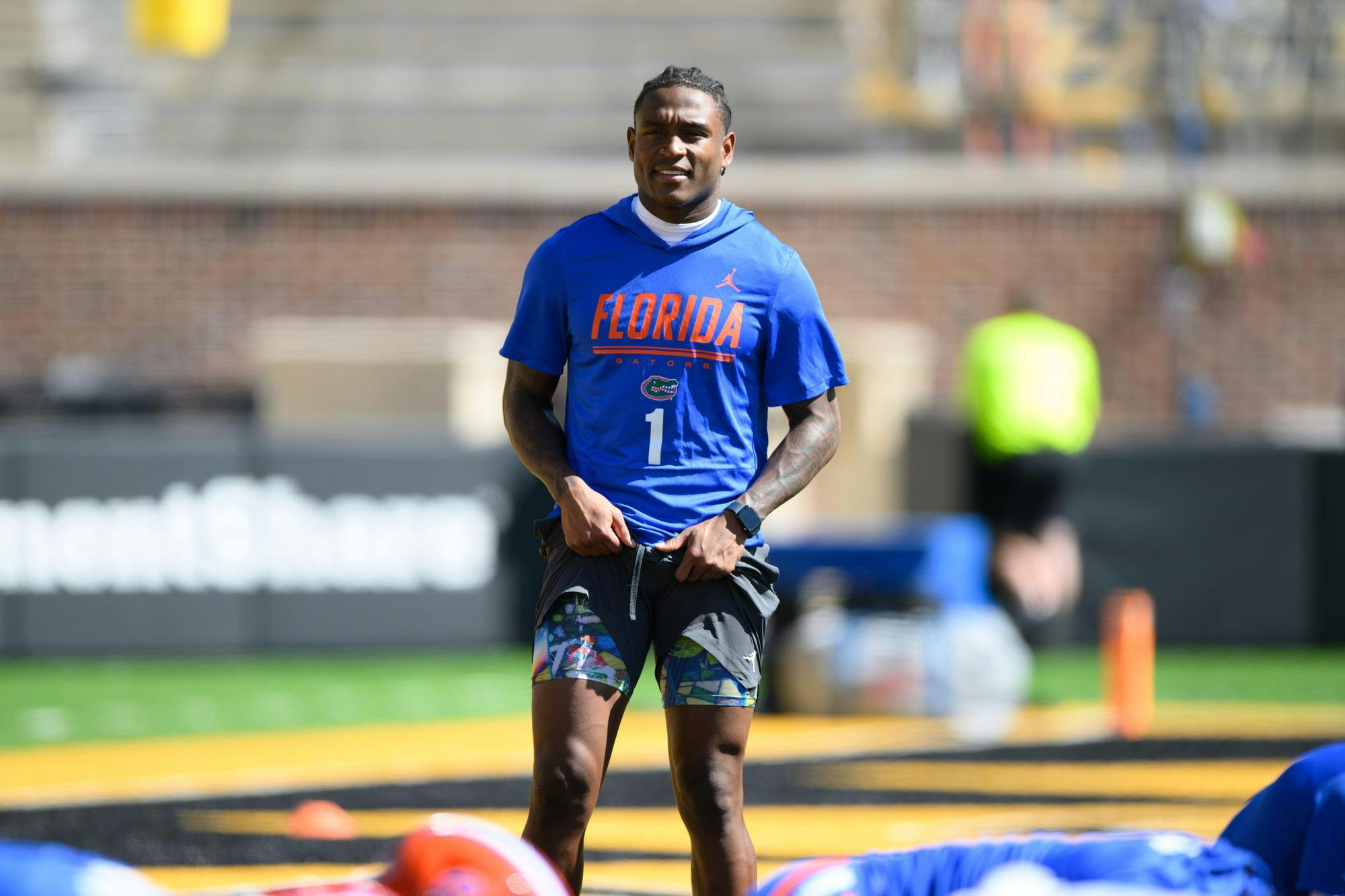 Florida wide receiver Vernell Brown III (1) warms up before an NCAA college football game against Missouri, Saturday, Oct. 3, 2026, in Columbia, Mo. Brown will not play against the Tigers.