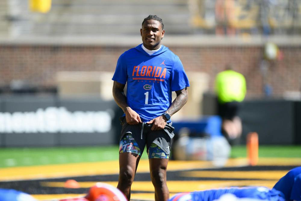 Florida wide receiver Vernell Brown III (1) warms up before an NCAA college football game against Missouri, Saturday, Oct. 3, 2026, in Columbia, Mo. Brown will not play against the Tigers.