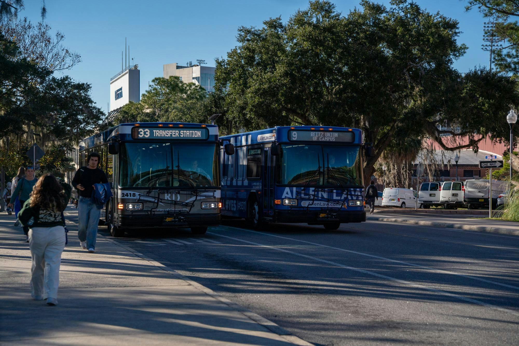 The number 33 bus stops at the Hub Food Court in Gainesville, Fla., Friday, Jan 16, 2026.