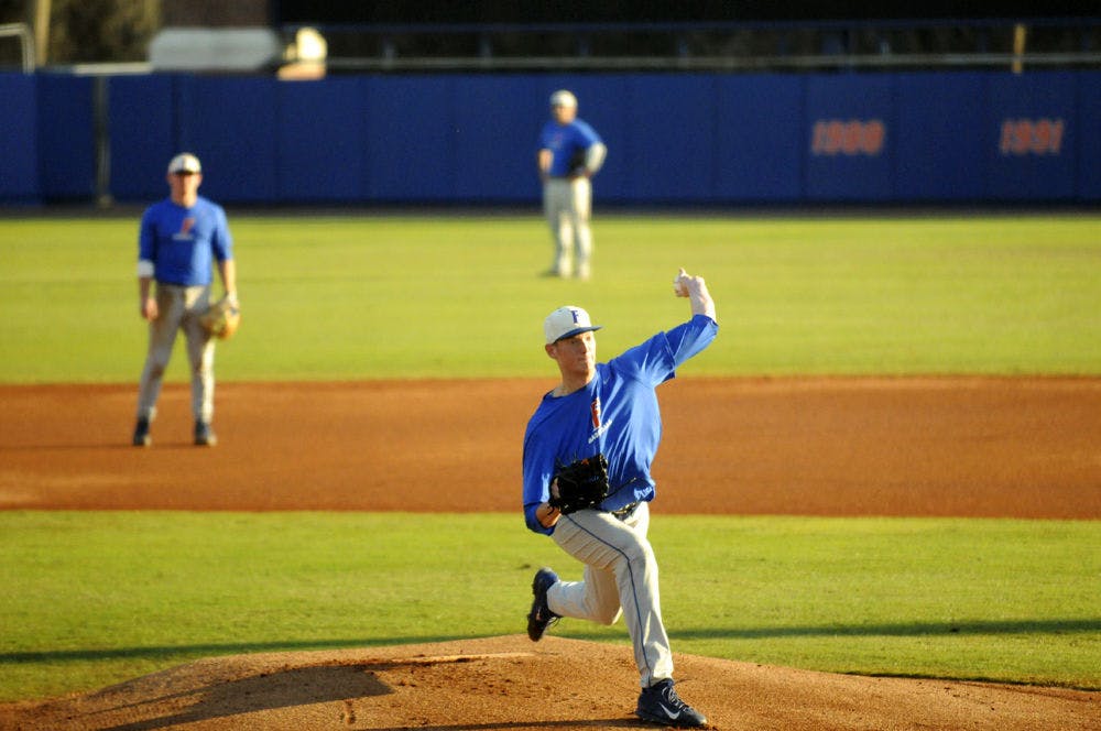 A.J. Puk pitches during a Florida preseason scrimmage on Feb. 3, 2016, at McKethan Stadium.