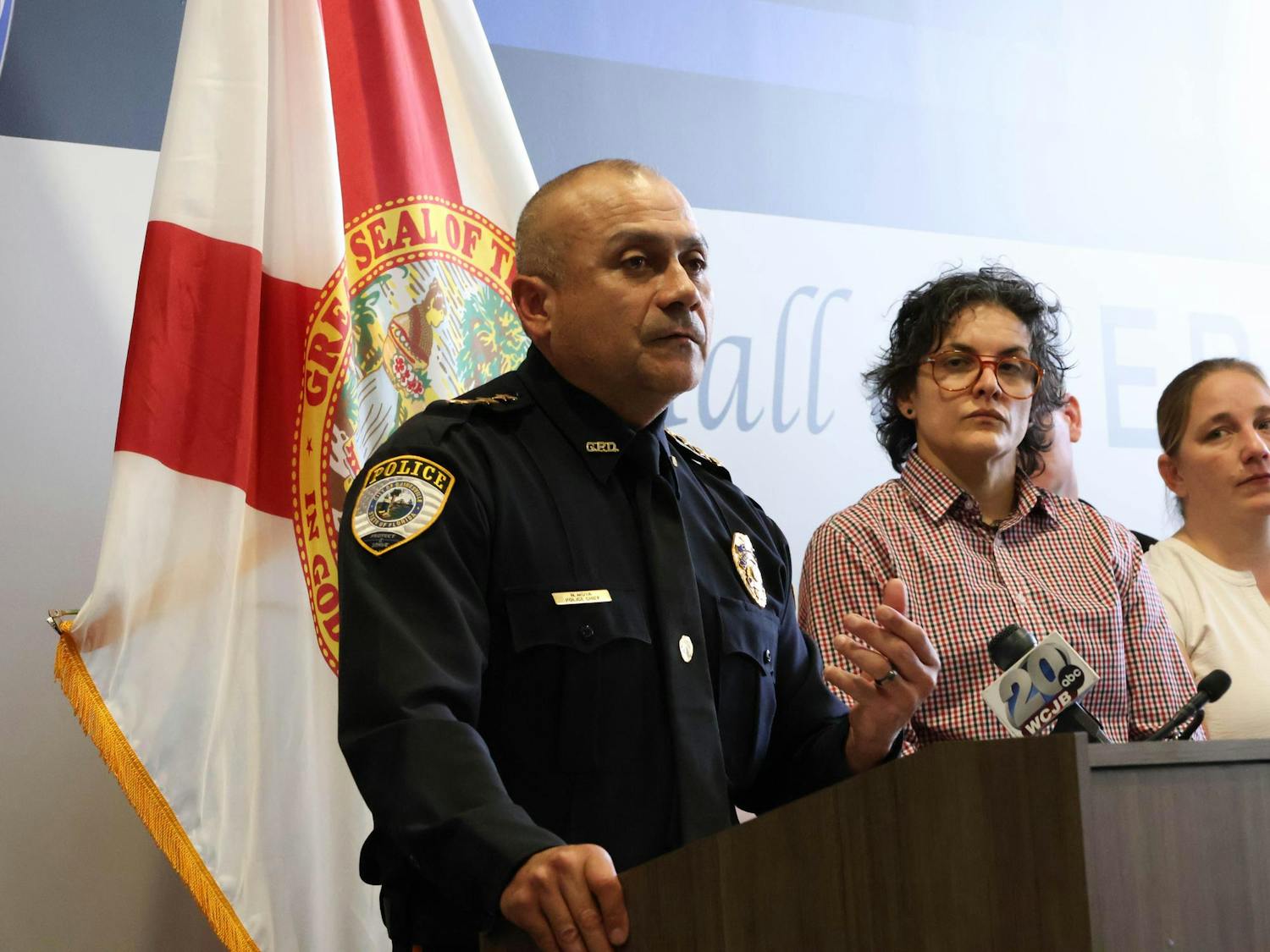 GPD Chief Nelson Moya speaking at press conference alongside Captain Latrell Simmons, UPD Chief Barts Knowls, UPD and GPD detectives at press conference held at Gainesville Police Department on Friday, September 12th, 2025.