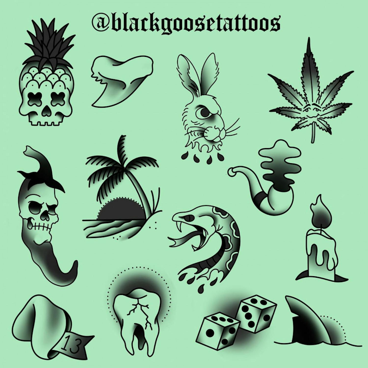 For this Friday the 13th, Oasis Tattoo Collective is offering $31 tattoos with a $9 tip from two flash sheets with 29 designs.  