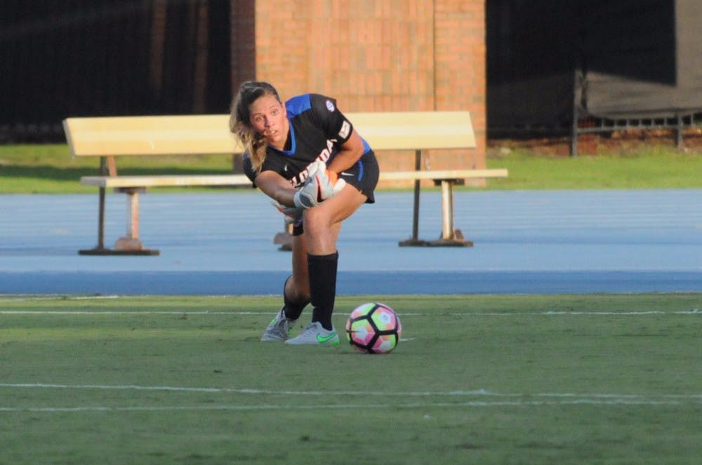 UF goalkeeper Kaylan Marckese throws the ball back into play during the first half of Florida's 5-2 win against Iowa State on Aug. 19, 2016, at James G. Pressly Stadium.