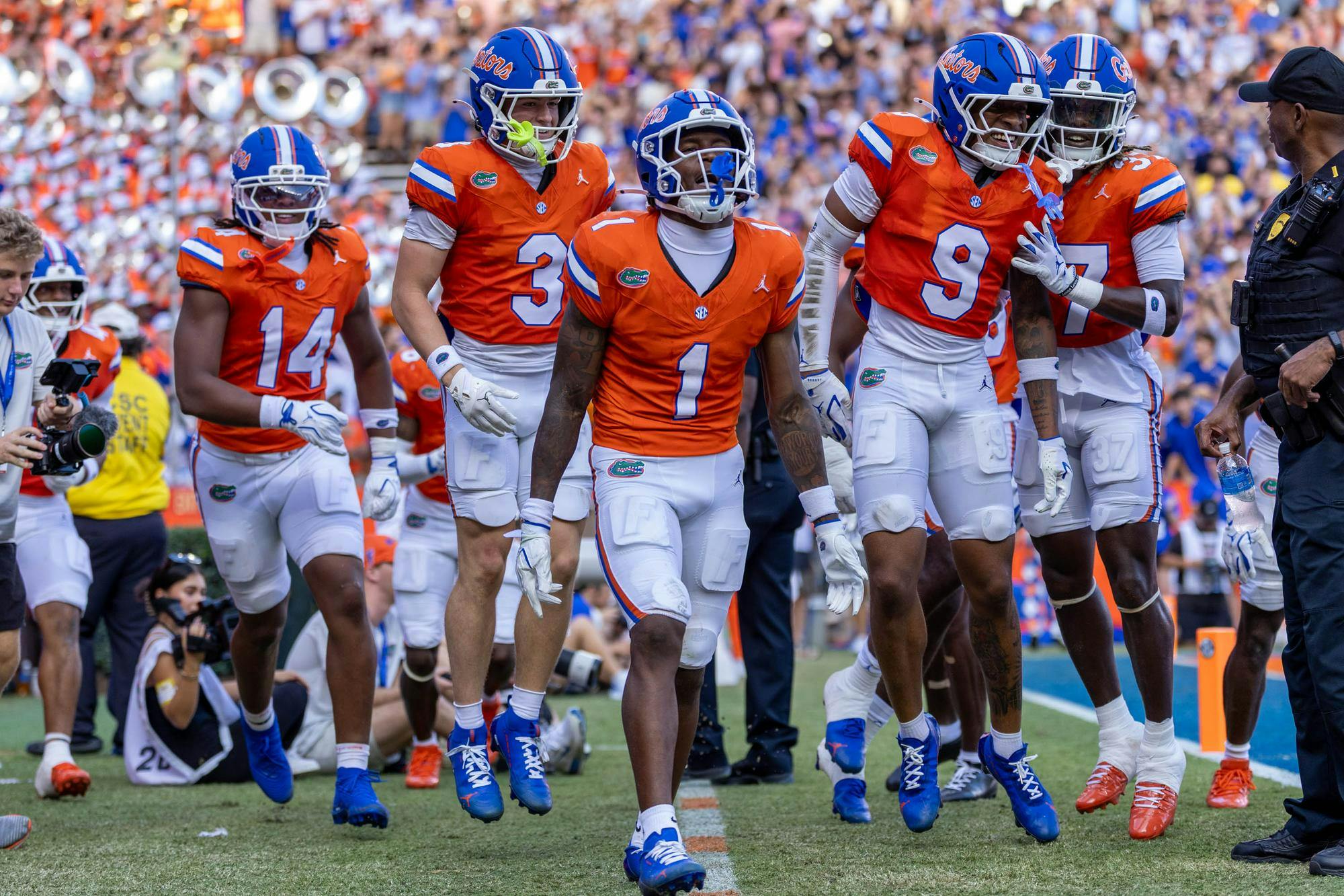 Florida wide receiver Vernell Brown III (1) celebrates after making a touchdown in the first half of an NCAA college football game against Campbell, Saturday, Sept. 12, 2026, in Gainesville, Fla.