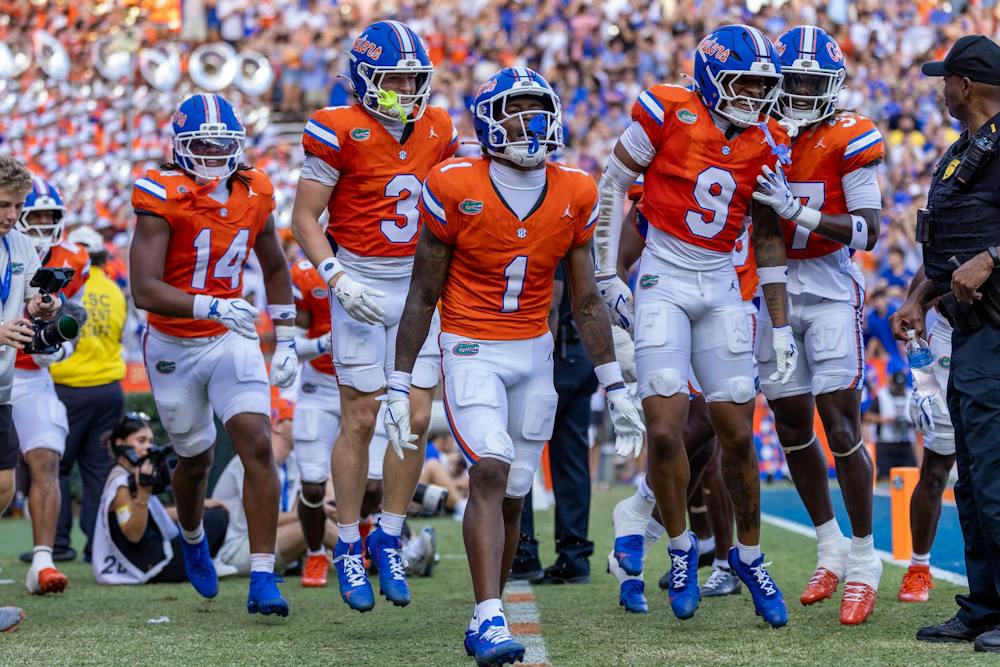 Florida wide receiver Vernell Brown III (1) celebrates after making a touchdown in the first half of an NCAA college football game against Campbell, Saturday, Sept. 12, 2026, in Gainesville, Fla.