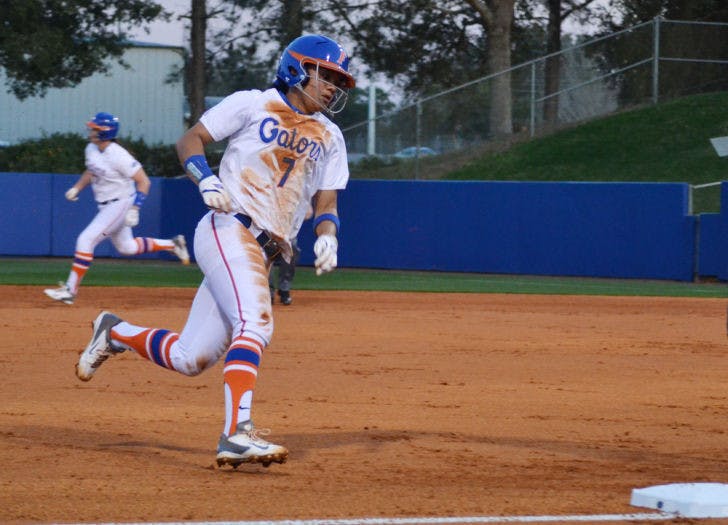 Kelsey Stewart runs toward third base during Florida’s 6-0 win against Jacksonville on Feb. 19, 2014, at Katie Seashole Pressly Stadium.