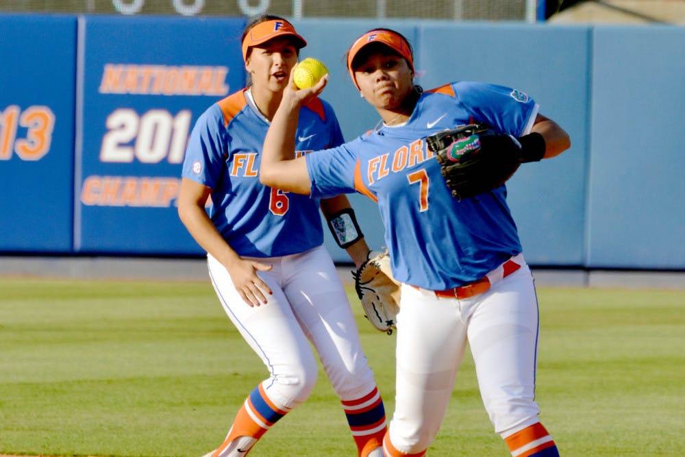 Kelsey Stewart throws to first base during UF's 2-1 win against UNF on April 1 at Katie Seashole Pressly Stadium.