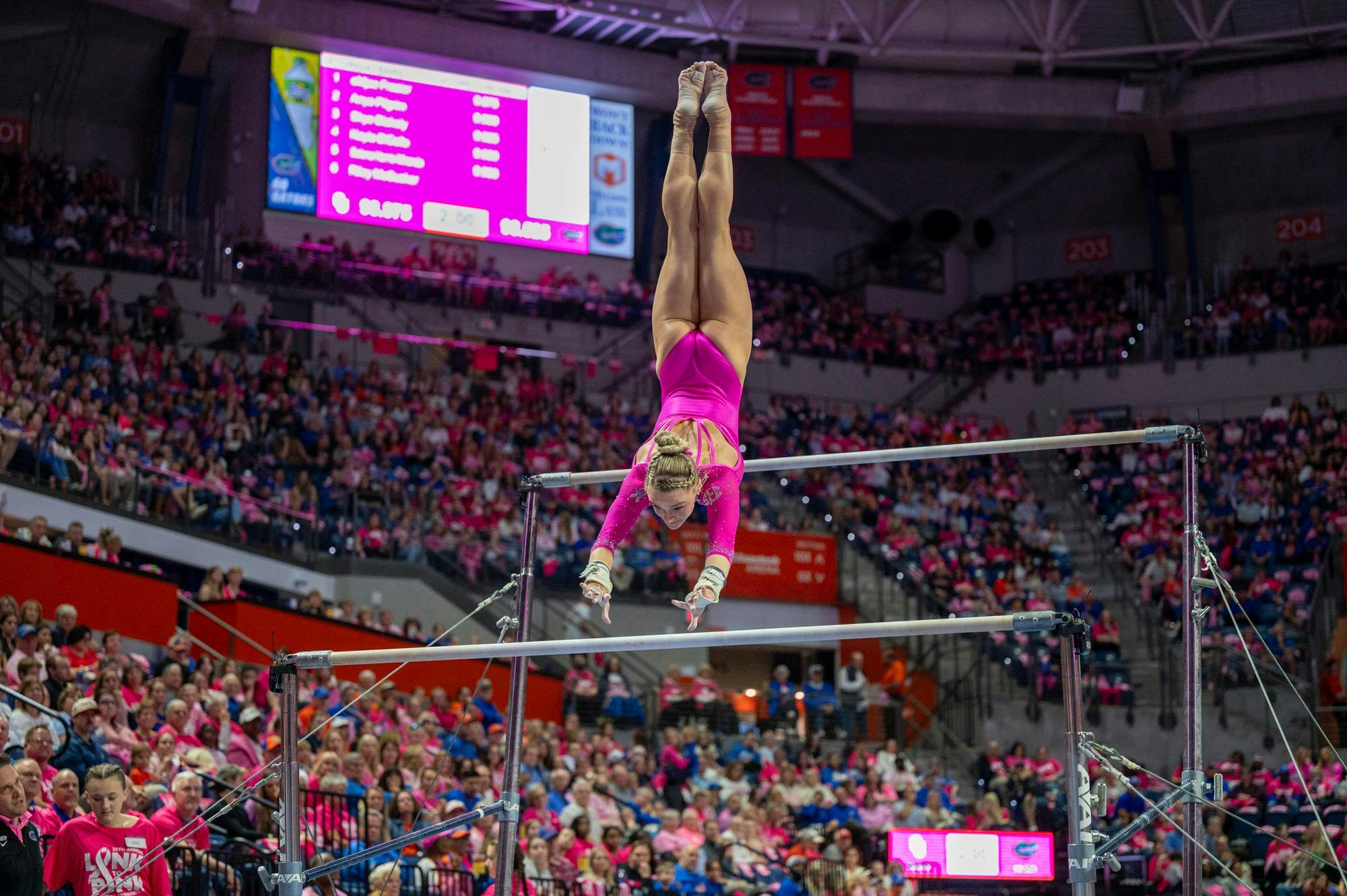Florida gymnast Riley McCusker performs on the bars during an NCAA gymnastics meet against Oklahoma, Friday, Feb. 13, 2026, in Gainesville, Fla.