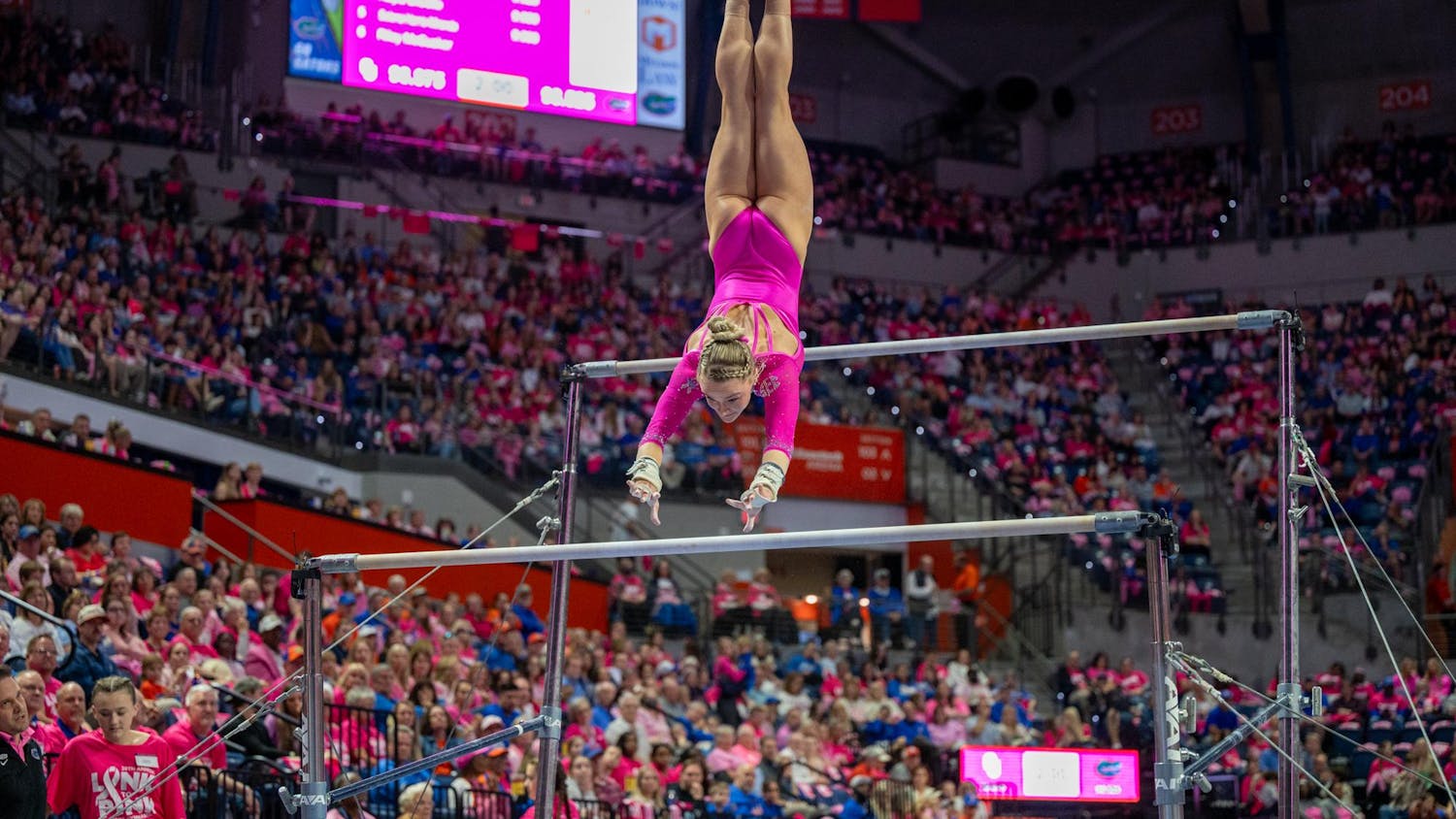Florida gymnast Riley McCusker performs on the bars during an NCAA gymnastics meet against Oklahoma, Friday, Feb. 13, 2026, in Gainesville, Fla.