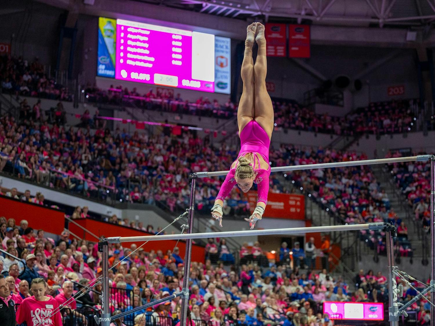 Florida gymnast Riley McCusker performs on the bars during an NCAA gymnastics meet against Oklahoma, Friday, Feb. 13, 2026, in Gainesville, Fla.
