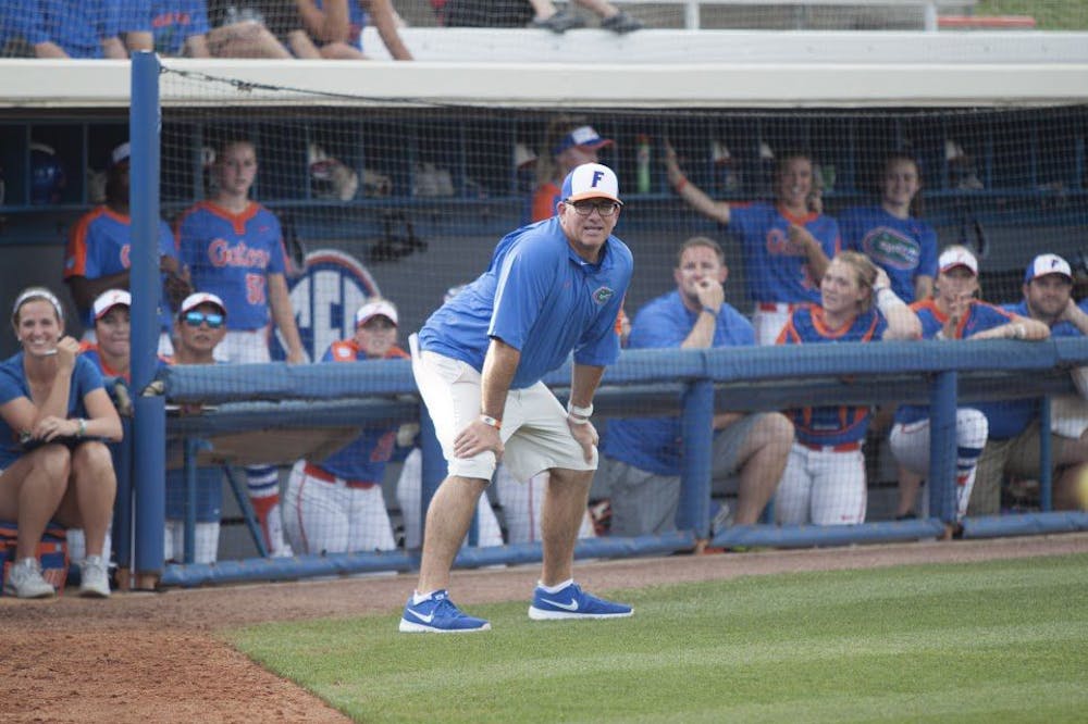 <p>UF head coach Tim Walton puts his hands on his knees during Florida's 15-7 win against Bethune-Cookman on Wednesday night at Katie Seashole Pressly Stadium.</p>