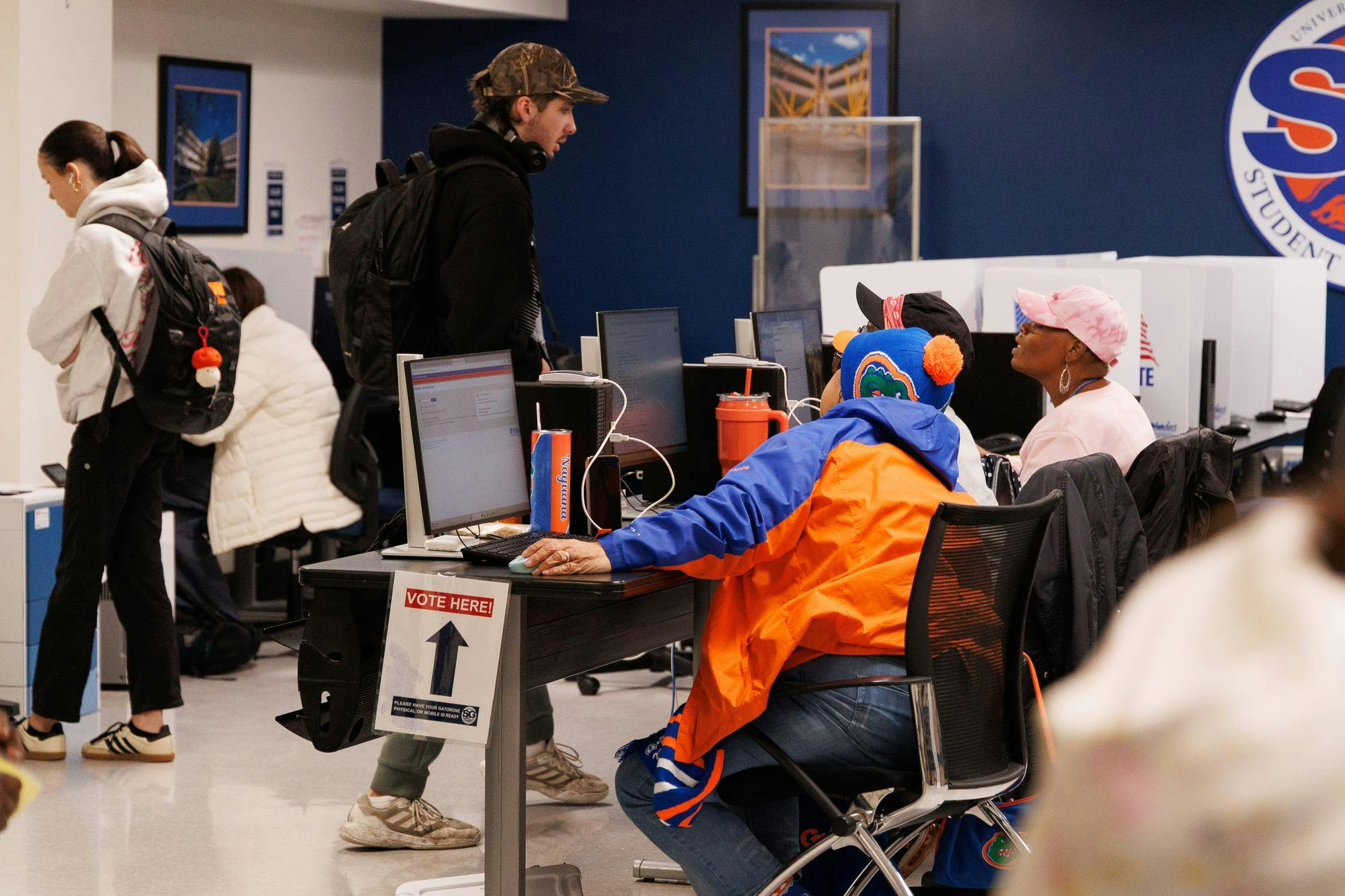 University of Florida students enter the polling room to vote in the Spring UF Student Government election at the SG Print Lab at the University of Florida, Tuesday, Feb. 24, 2026.