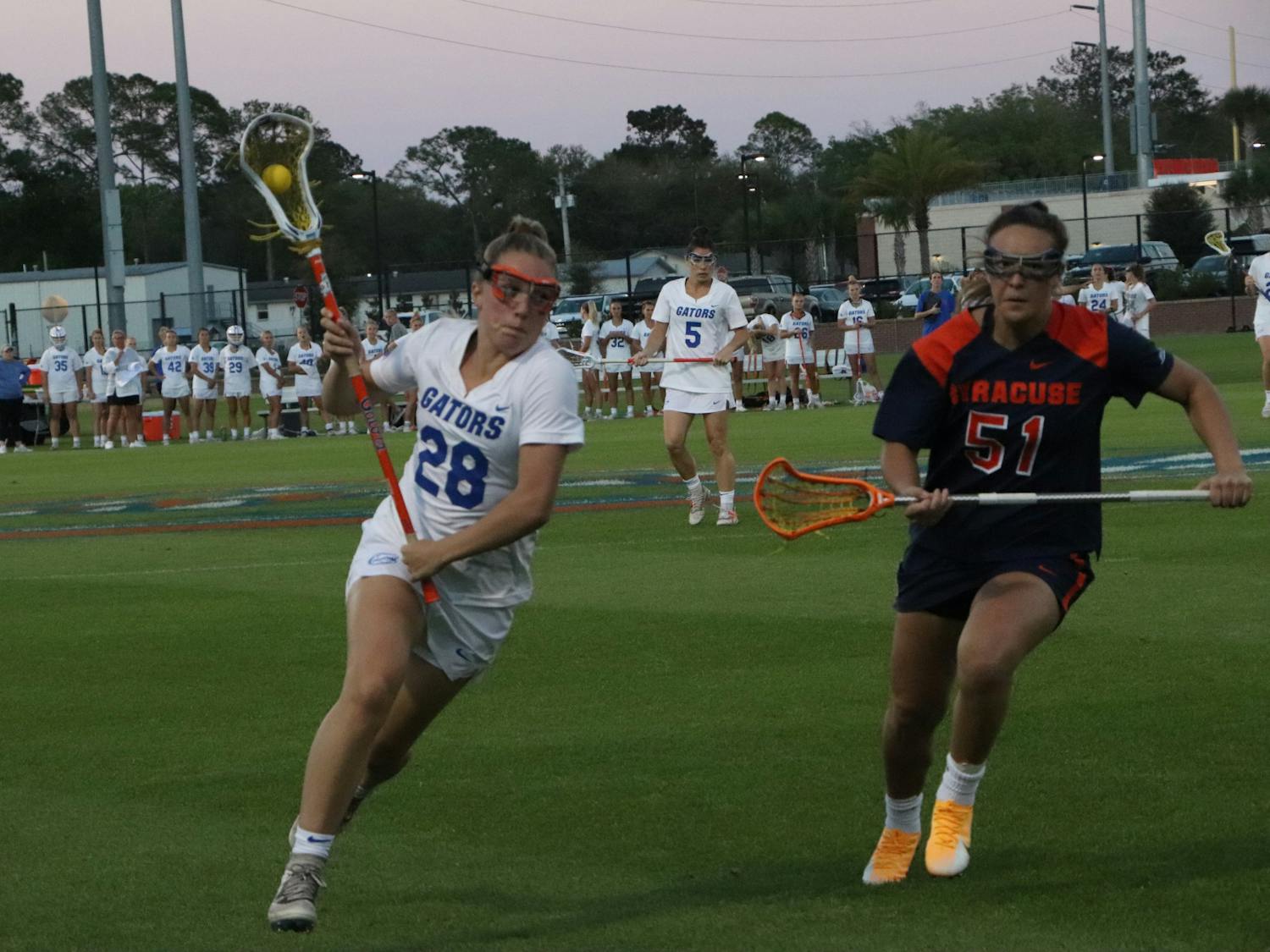Senior midfielder Maeson Tydings advancing the ball upfield. Florida lacrosse routed Stetson 19-5 Wednesday. Florida beat Eastern Carolina in the AAC Tournament Thursday.