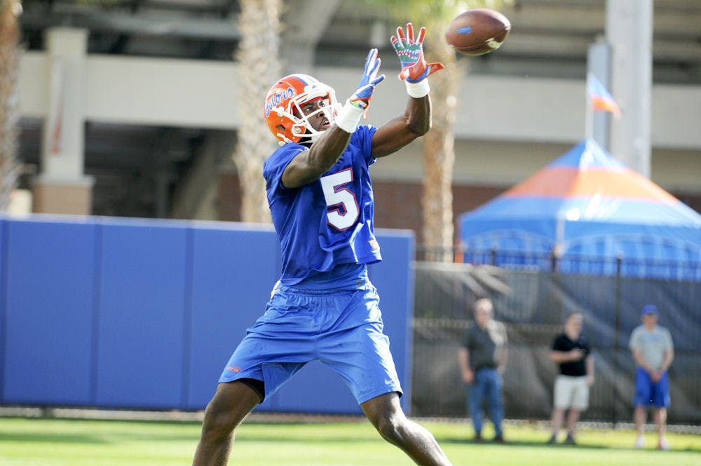 <p>Florida receiver Ahmad Fulwood catches a pass during the first day of Spring practice on March 9, 2016, at the Sanders Practice Field.</p>