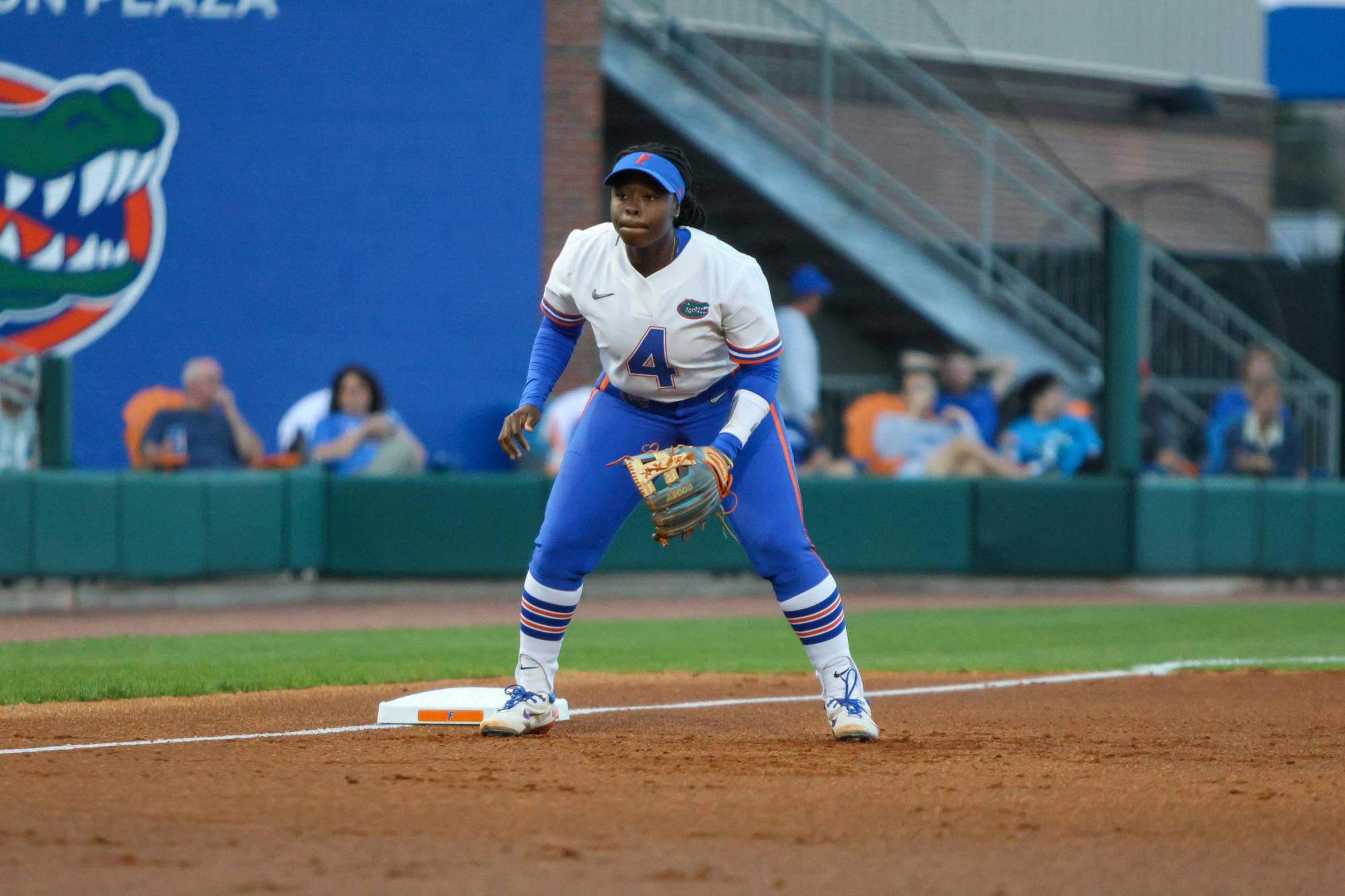 Florida third baseman Charla Echols prepares to field a ball in an 11-0 victory against the Jacksonville Dolphins Wednesday, Feb. 15, 2023. 