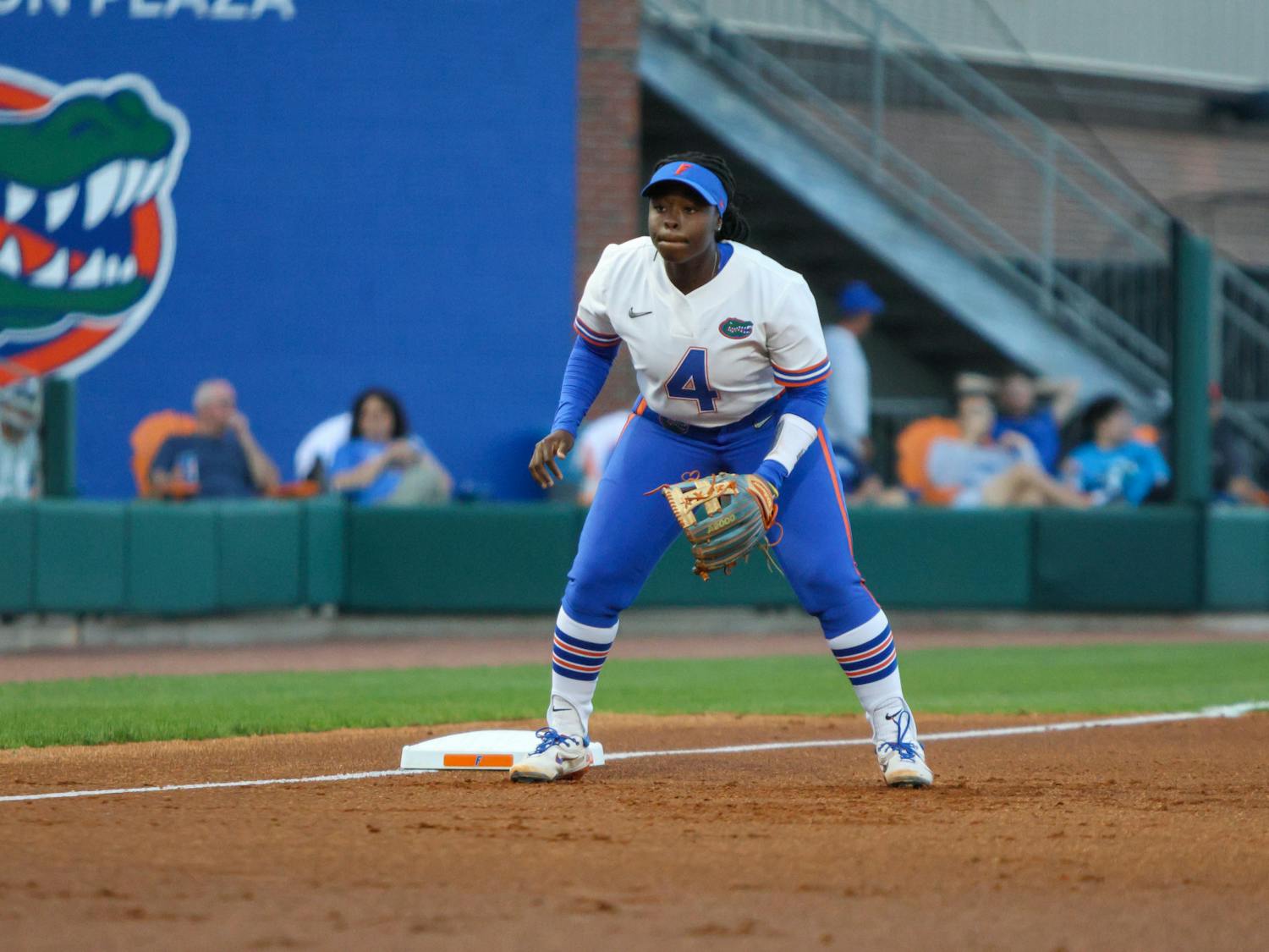 Florida third baseman Charla Echols prepares to field a ball in an 11-0 victory against the Jacksonville Dolphins Wednesday, Feb. 15, 2023. 
