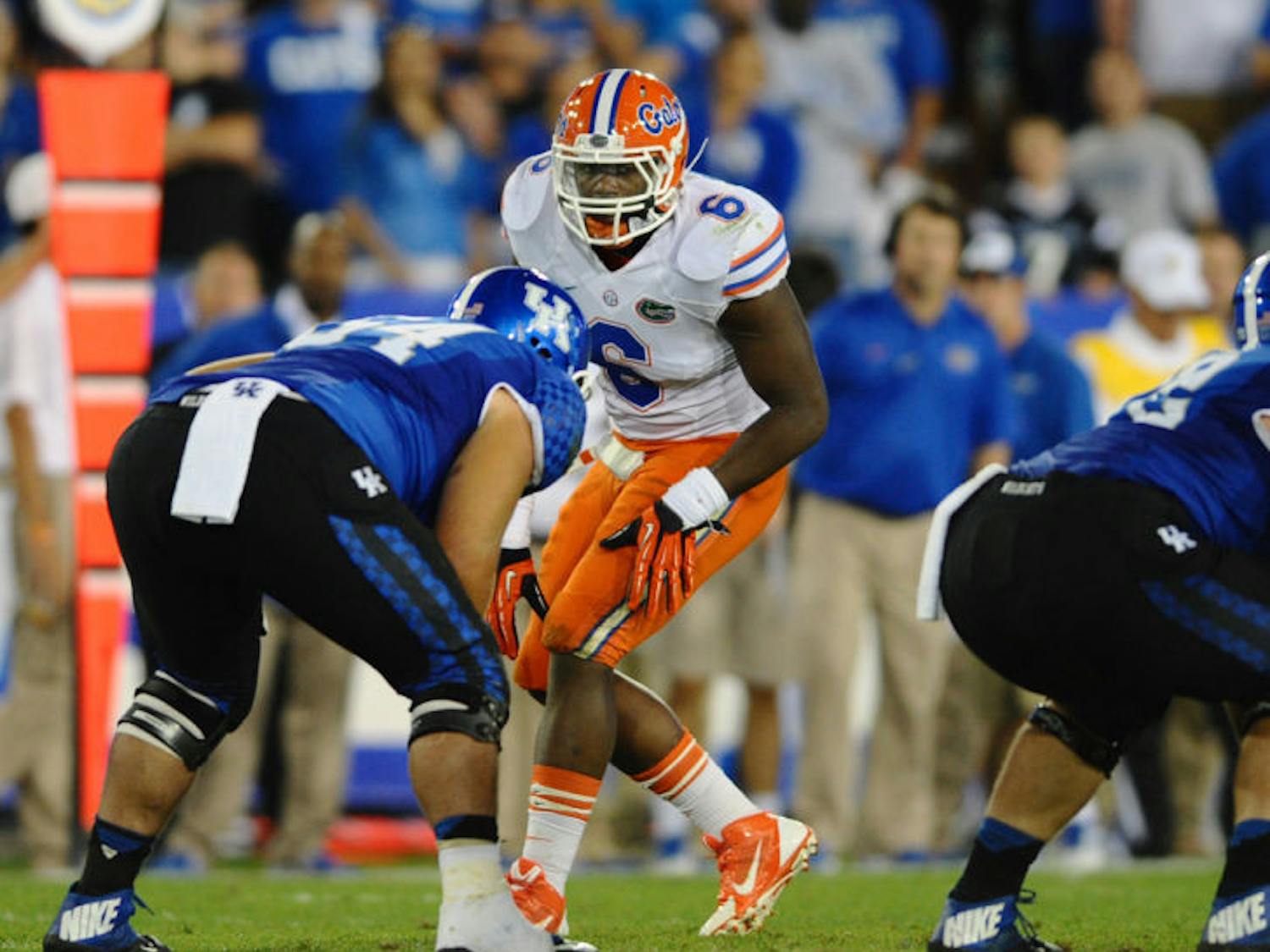 Dante Fowler Jr. awaits a snap during Florida’s 24-7 win against Kentucky on Sept. 28, 2013, at Commonwealth Stadium. Fowler looks to become one of UF's leaders on defense this season.