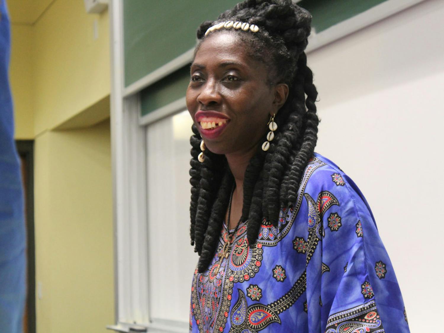 Queen Quet, the chieftess and head of state of the Gullah Geechee nation, talked with attendees after her speech at UF Tuesday night. She is from Saint Helena Island in South Carolina. 