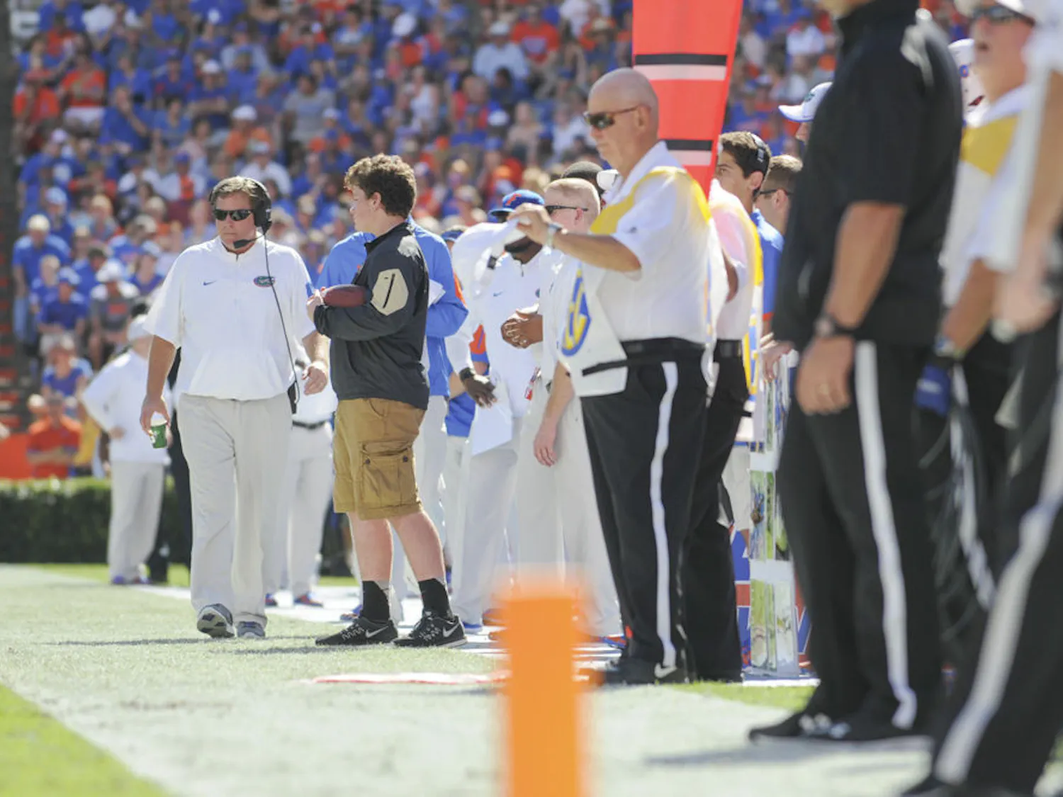 UF coach Jim McElwain walks on the sideline during Florida's 9-7 win against Vanderbilt on Nov. 7, 2015, at Ben Hill Griffin Stadium.