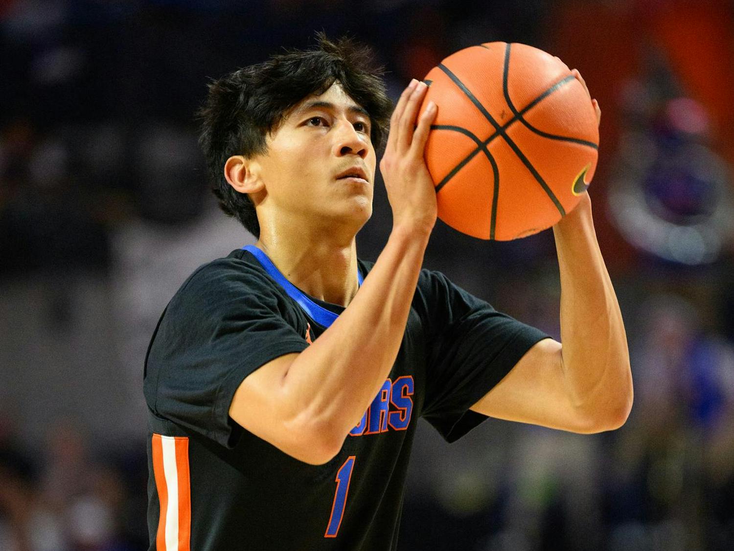 Florida guard Xaivian Lee (1) shoots a free throw during the second half of an NCAA college basketball game against Saint Francis, Wednesday, Dec. 17, 2025, in Gainesville, Fla.