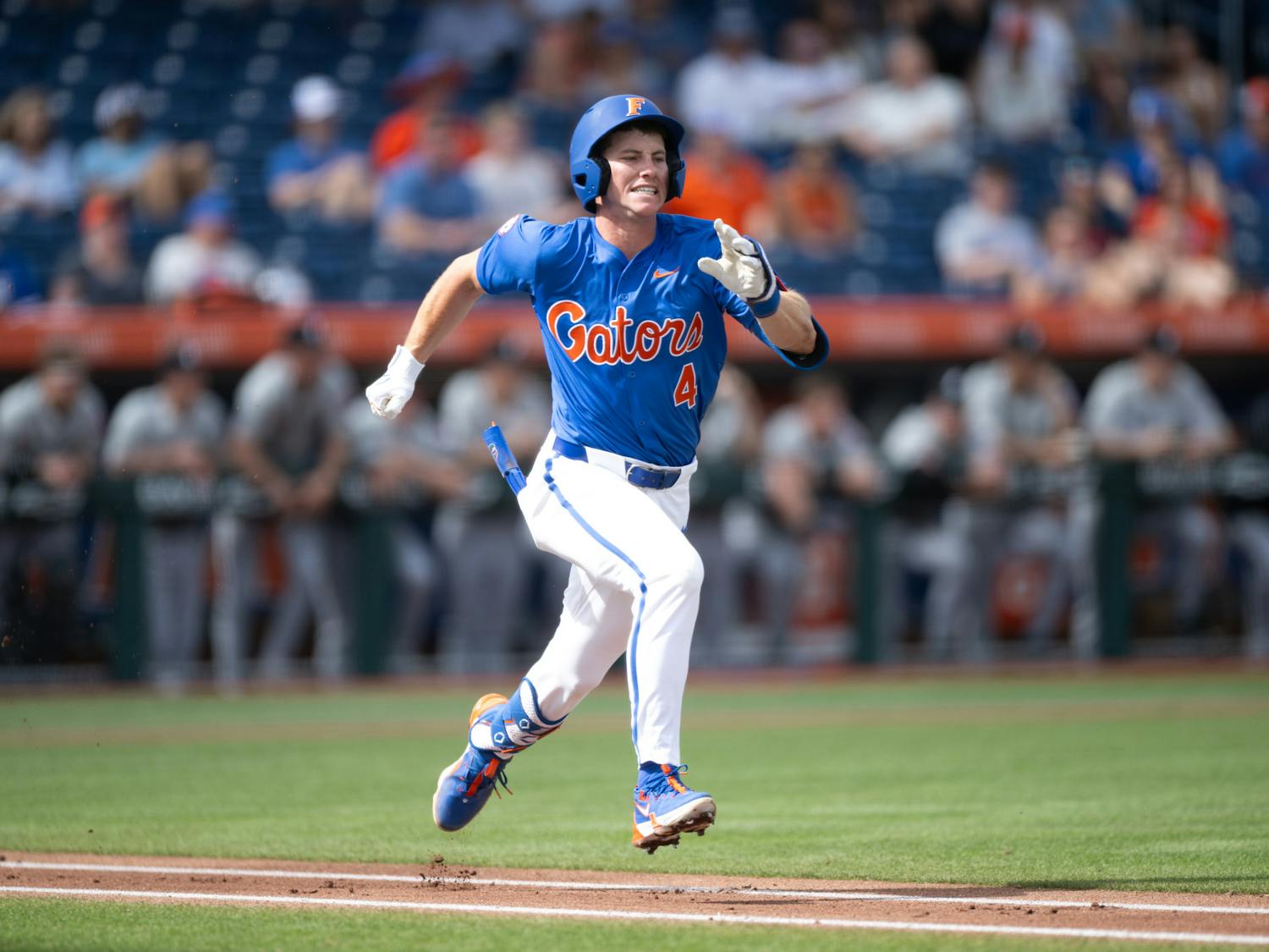Florida Gators infielder Cade Kurland (4) sprints to first base in a baseball game against the Air Force Academy in Gainesville, Fla., on Friday, Feb. 15, 2025.