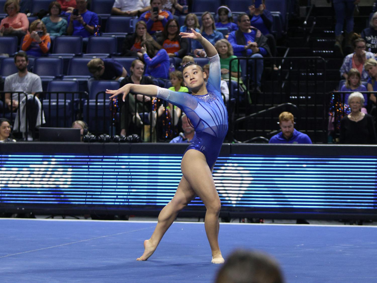 Junior Leanne Wong performs her floor routine in the Gators gymnastics' Hype Night' on Monday, Dec. 4, 2023.