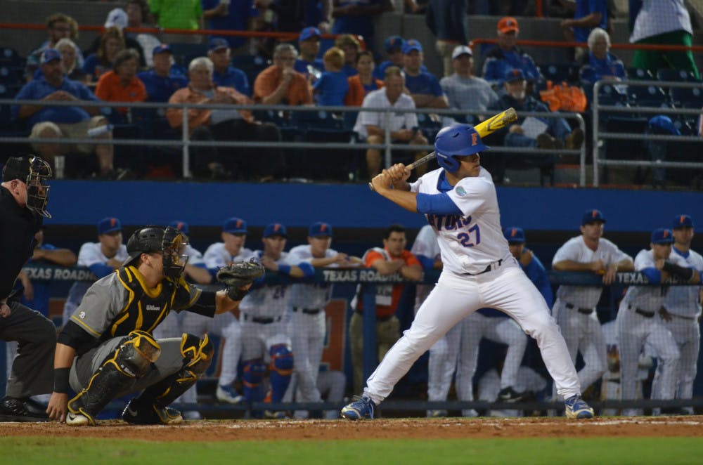 Nelson Maldonado bats during Florida's 4-3 win against Missouri on March 18, 2016, at McKethan Stadium. 