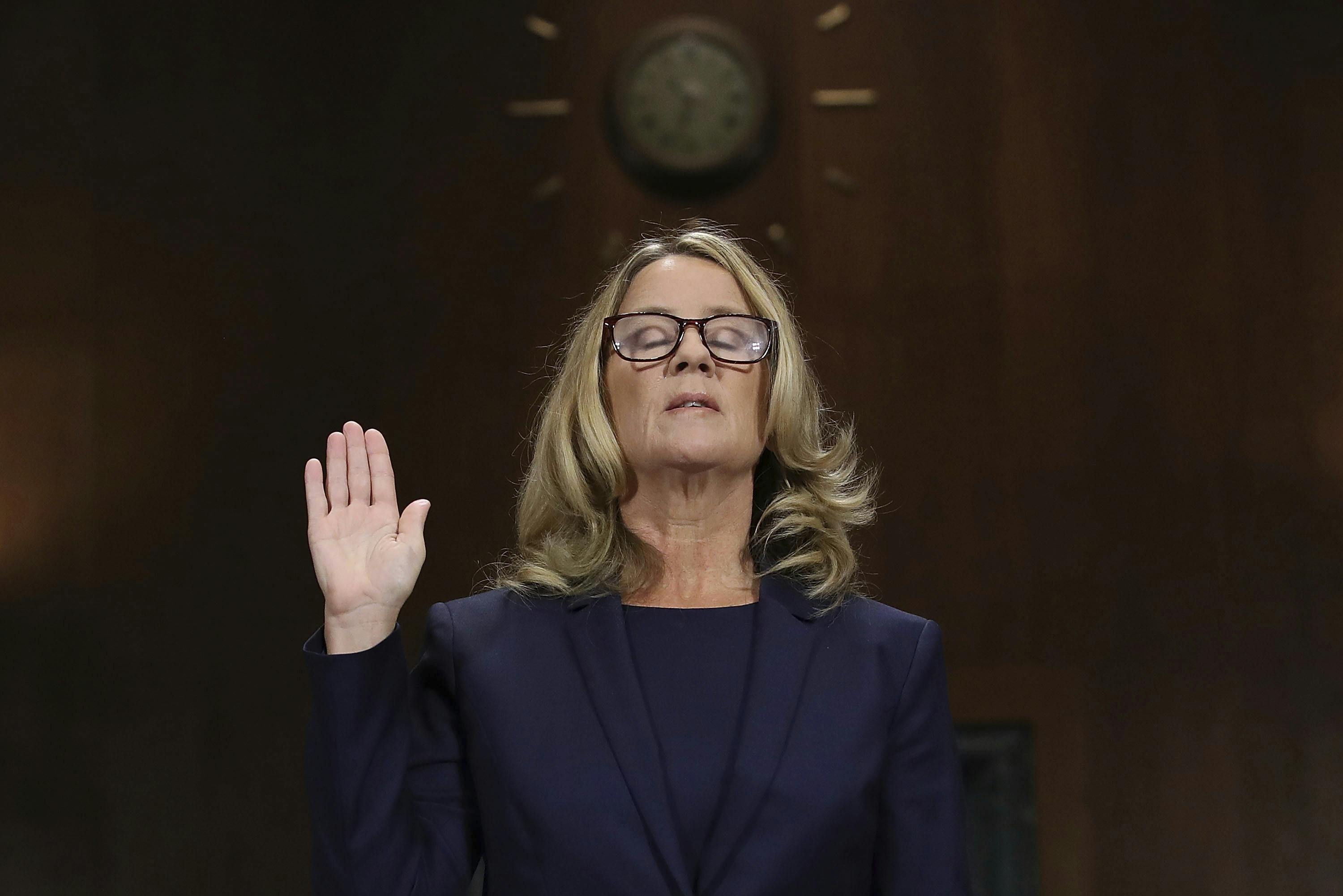 Christine Blasey Ford is sworn in before the Senate Judiciary Committee, Thursday, Sept. 27, 2018 in Washington. (Win McNamee/Pool Image via AP)