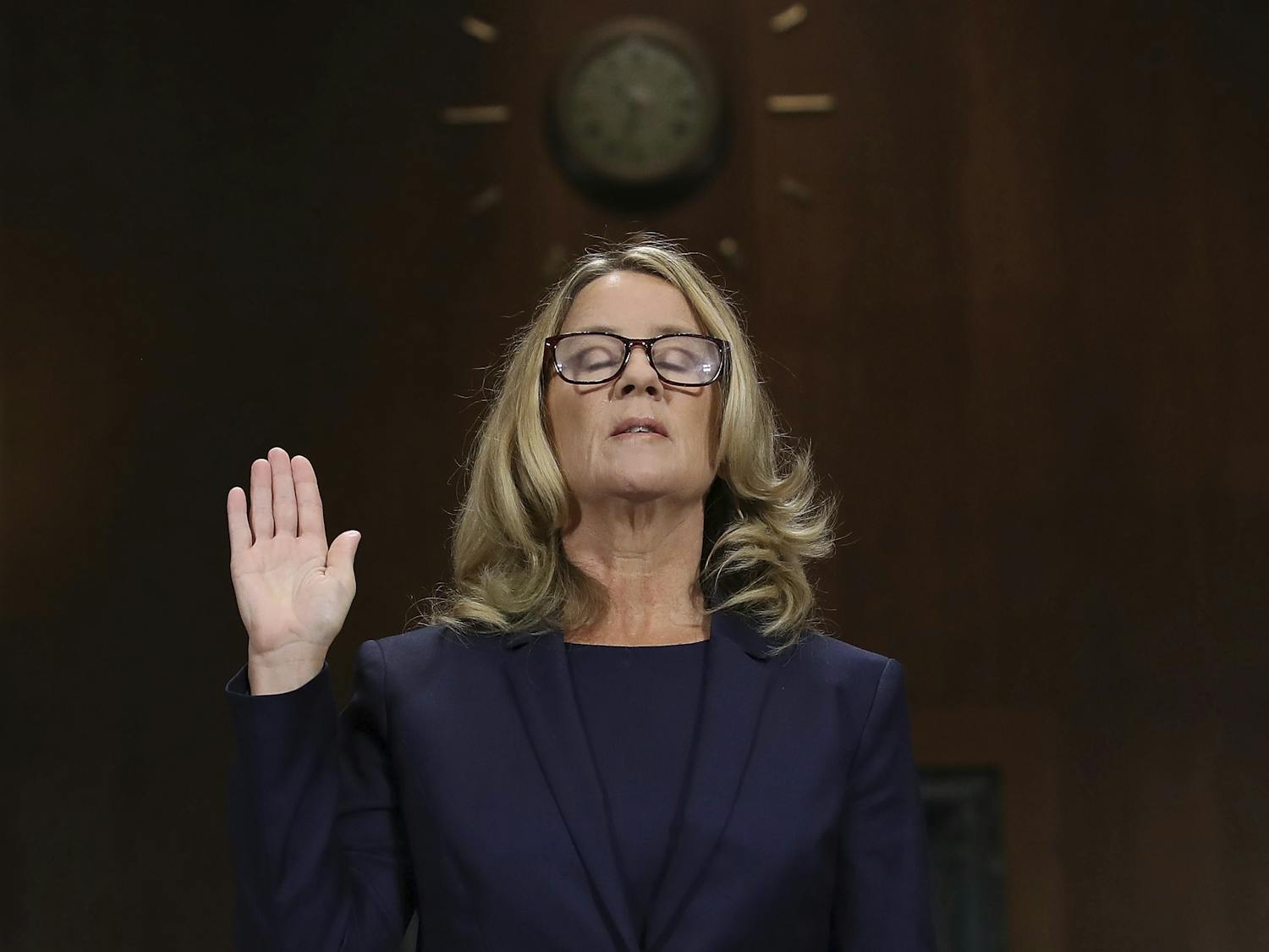 Christine Blasey Ford is sworn in before the Senate Judiciary Committee, Thursday, Sept. 27, 2018 in Washington. (Win McNamee/Pool Image via AP)
