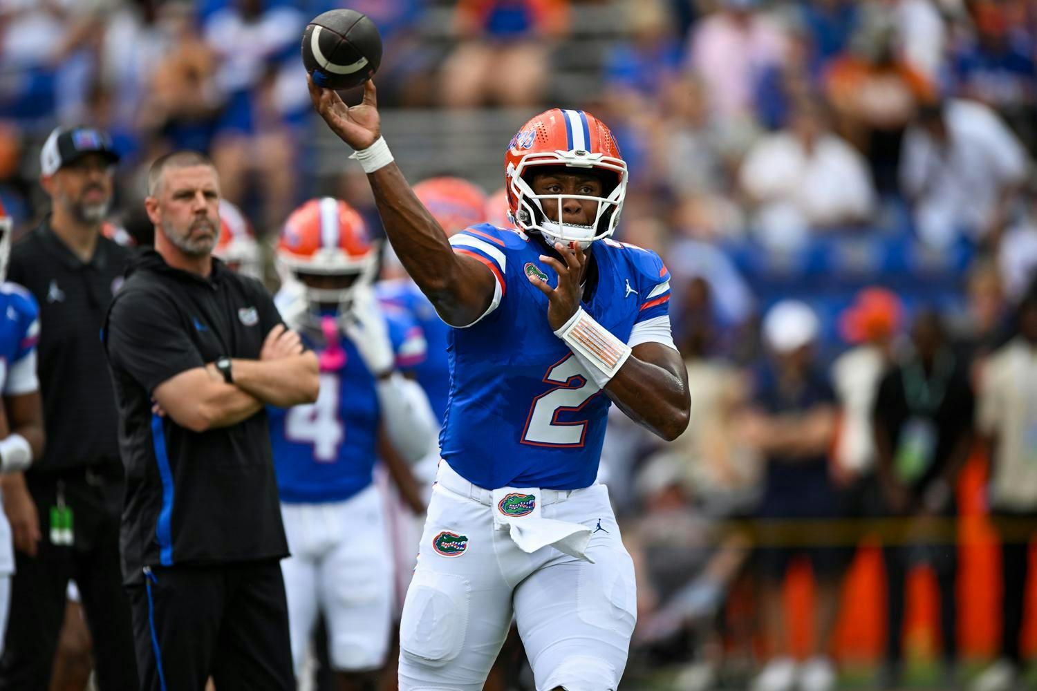 Florida Gators quarterback DJ Lagway (2) throws the ball during warmups before a football game between the Texas Longhorns and the Florida Gators on Saturday, Oct. 4, 2025, at Ben Hill Griffin Stadium in Gainesville, Fla.